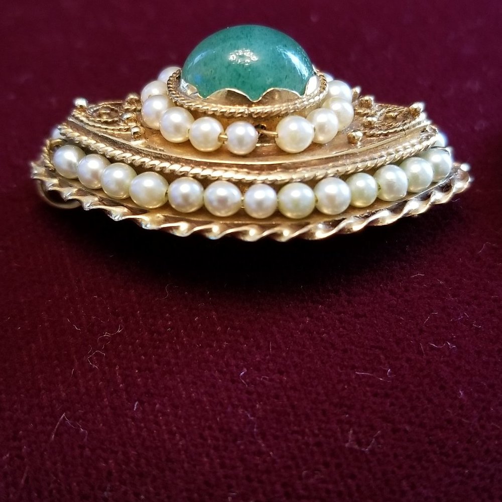 Vintage 14K Jade & Seed Pearl Brooch - Picture 5 of 5
